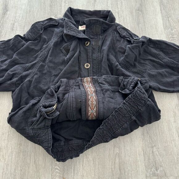 FREE PEOPLE Jacket Women's Small Black Linen Military Bomber Jayde Safari - Picture 4 of 6